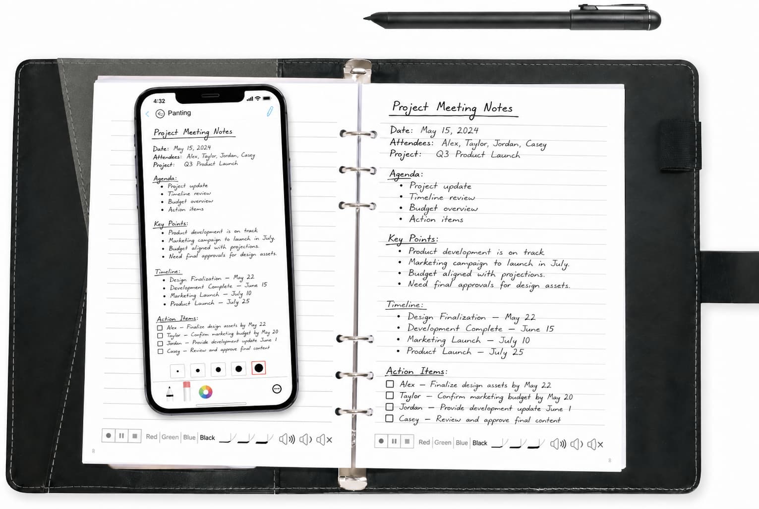 Notebook with project meeting notes and a smartphone displaying a similar document, on a white background.