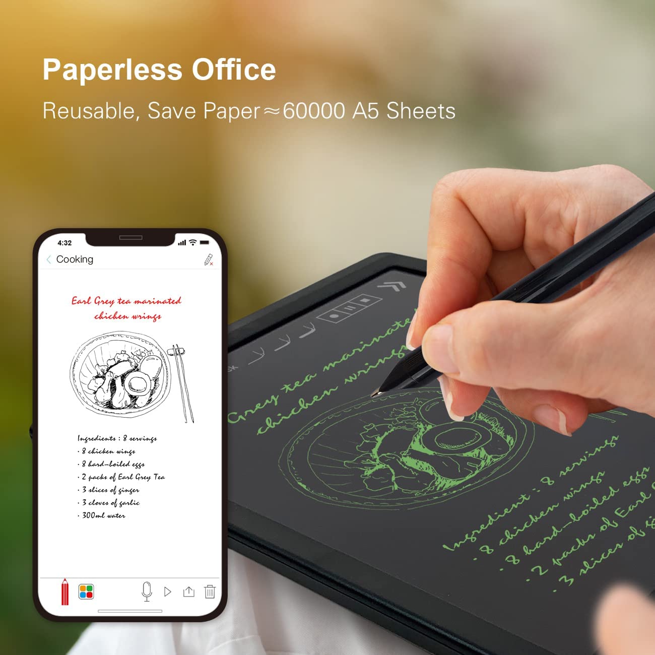 Ophaya smart pen writing tablet syncing handwritten recipe notes to the phone app