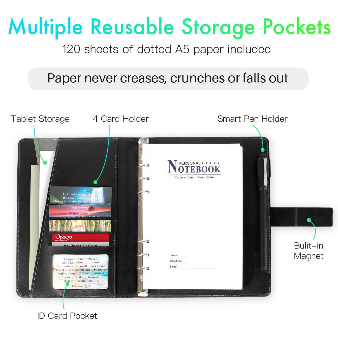 Smart Paper Notebook with Pen Loop, Cards Holder, Dot-coded Printed Pages Hand Writing Compatible with Ophaya Pro+ App