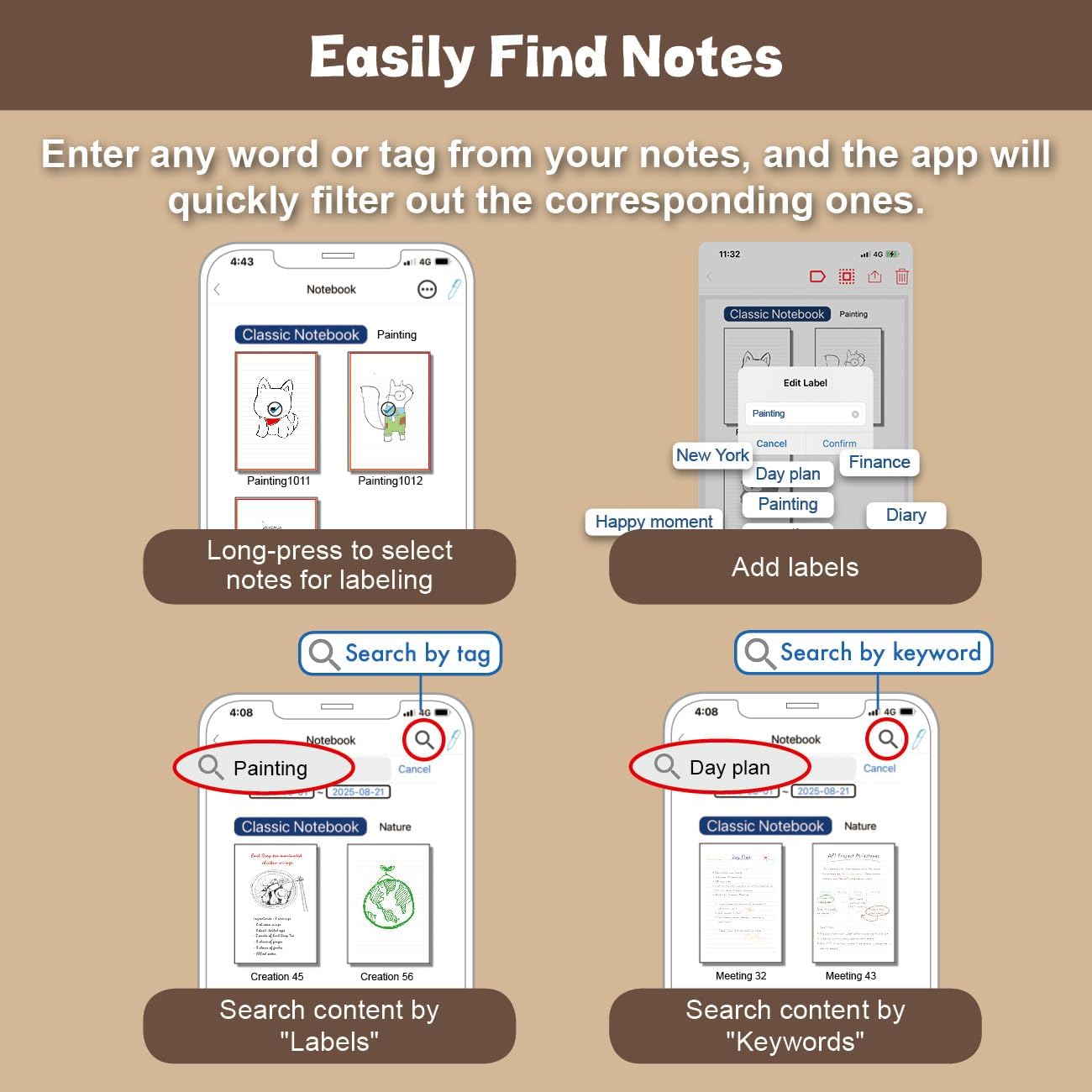 Illustration of a smartphone app interface for finding notes with search functionality.