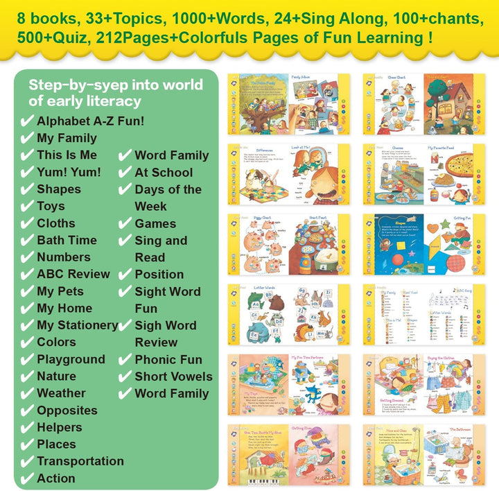 Children's early literacy books interactive toys collection featuring topics like Alphabet, Shapes, Numbers, and more, with colorful illustrations.