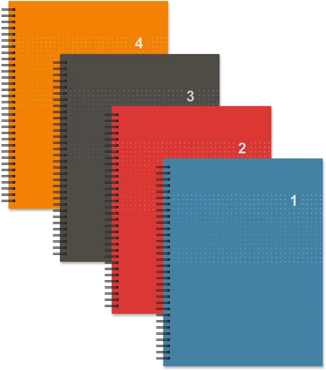 Four spiral-bound notebooks in orange, black, red, and blue on a white background.