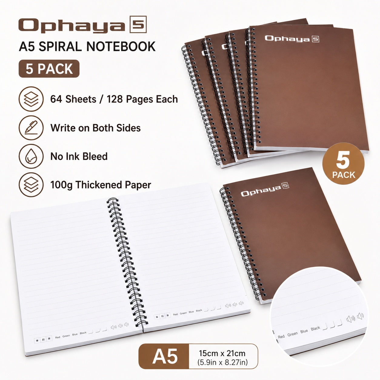 Ophaya A5 Smart Notebook 5-Pack – Compatible with Ophaya Smart Pen, 100GSM Thick Paper, 128 Pages Each