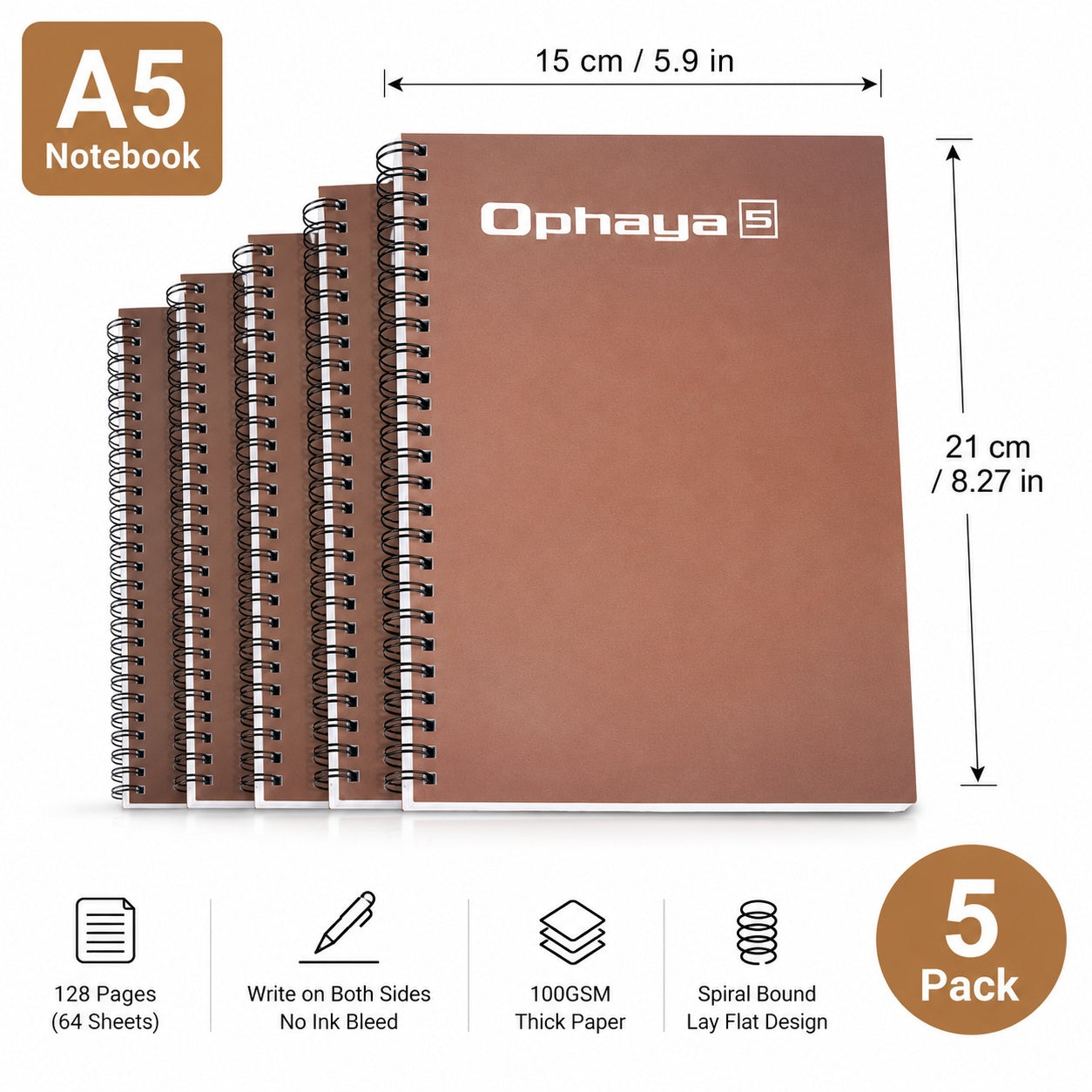 Ophaya A5 Smart Notebook 5-Pack – Compatible with Ophaya Smart Pen, 100GSM Thick Paper, 128 Pages Each