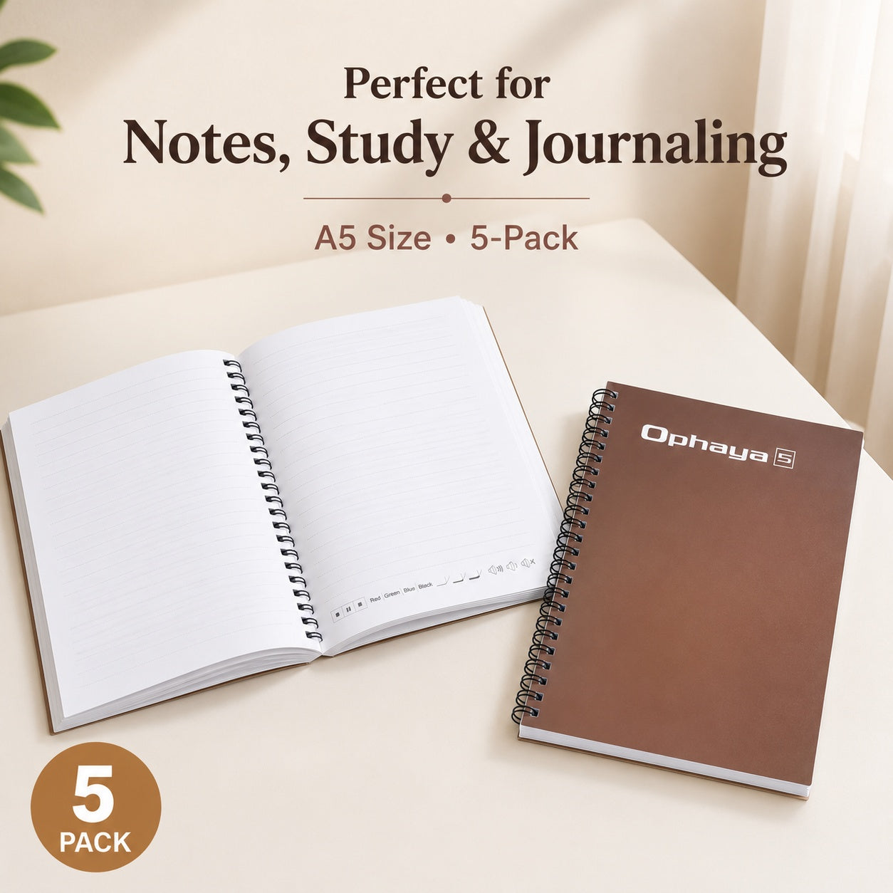 Ophaya A5 Smart Notebook 5-Pack – Compatible with Ophaya Smart Pen, 100GSM Thick Paper, 128 Pages Each