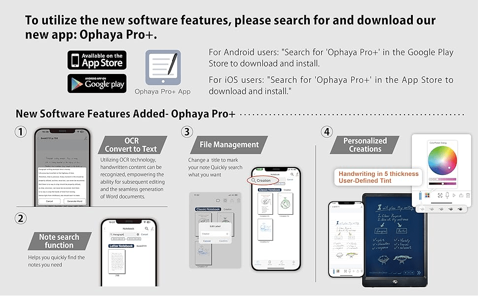 Ophaya Pro+ app with OCR text recognition note search file management and personalized writing features
