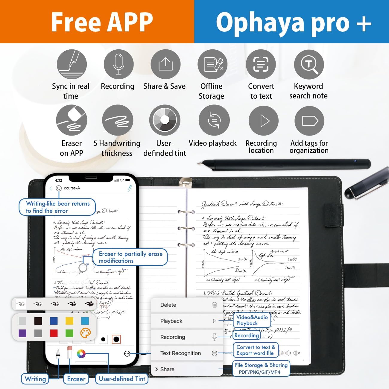 Ophaya Pro+ app features for smart pen writing tablet notes and digital handwriting sync