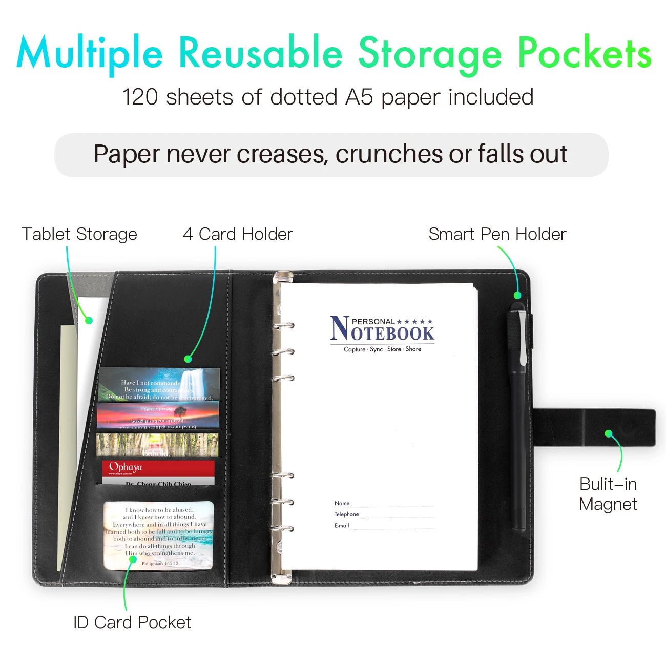 Ophaya smart paper notebook with storage pockets card holder tablet storage and smart pen holder