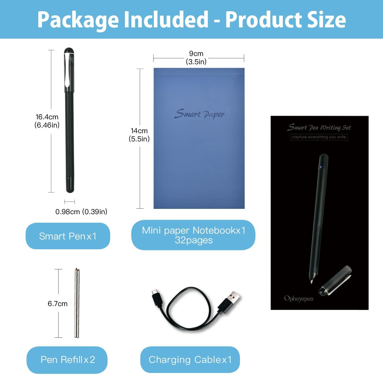Ophaya smart pen mini notebook package contents with pen refill charging cable and product dimensions