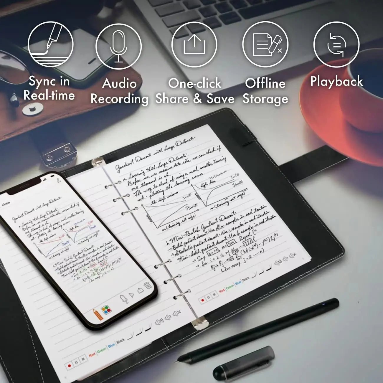 Ophaya smart pen notebook with app sync audio recording offline storage sharing and playback features