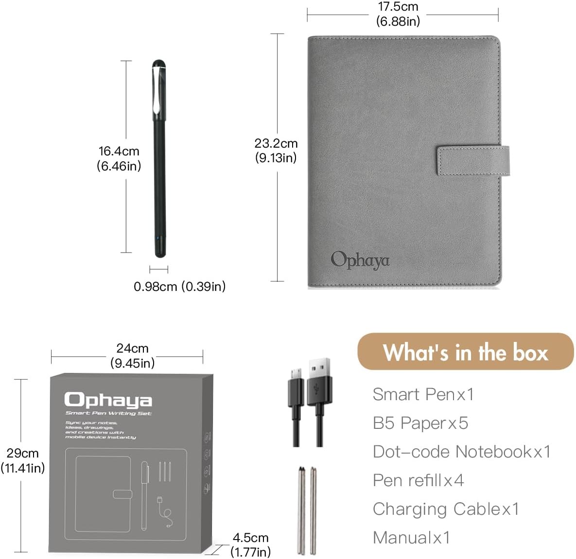 Ophaya smart pen notebook kit with size details dot code paper and accessories