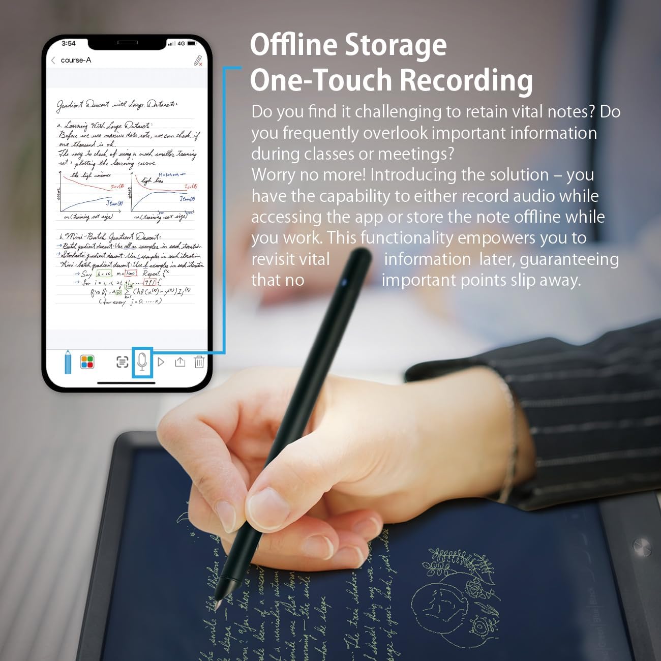 Ophaya smart pen with offline storage and one-touch audio recording for notes and meetings