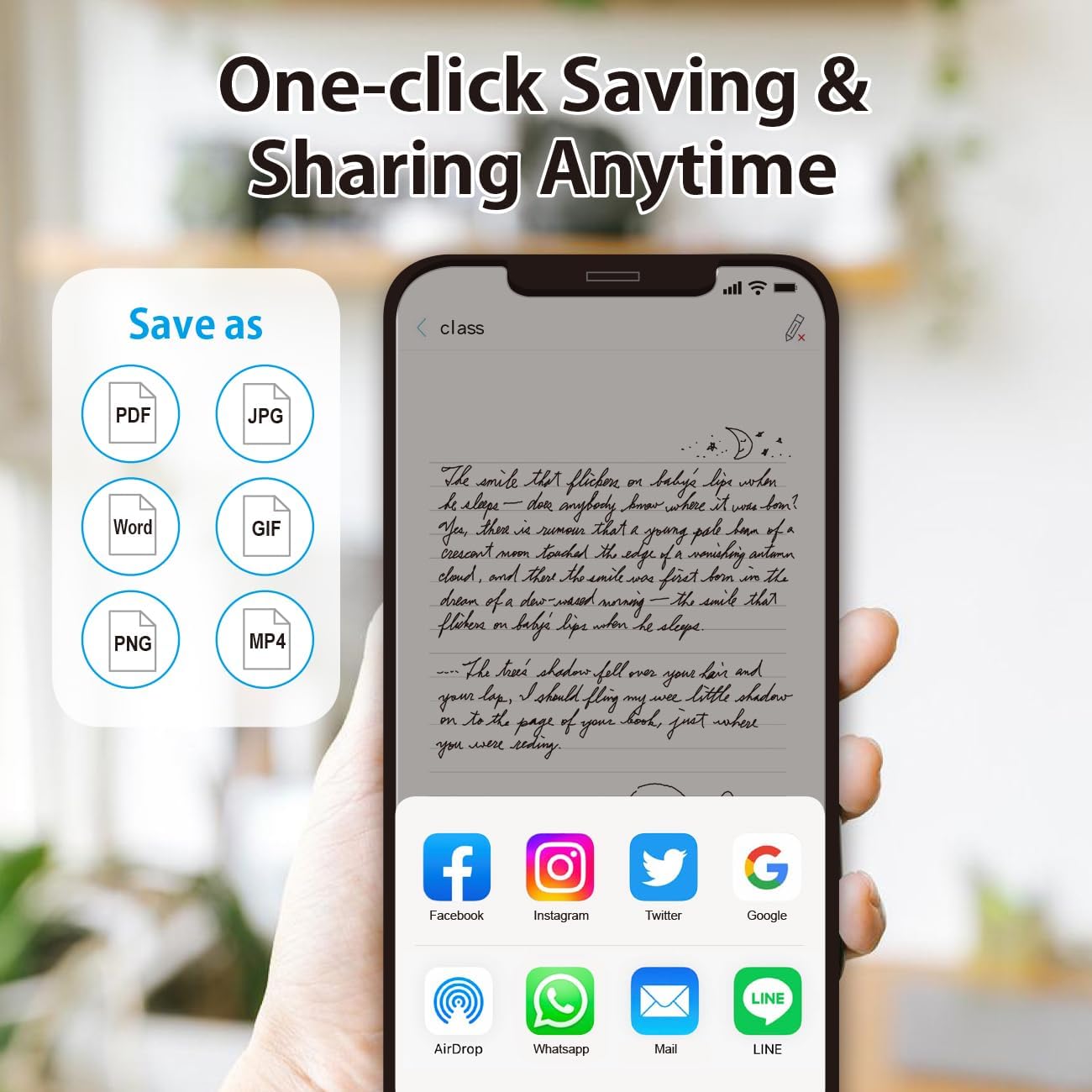 Ophaya smart pen app exports handwritten notes as PDF Word JPG GIF PNG and MP4 files