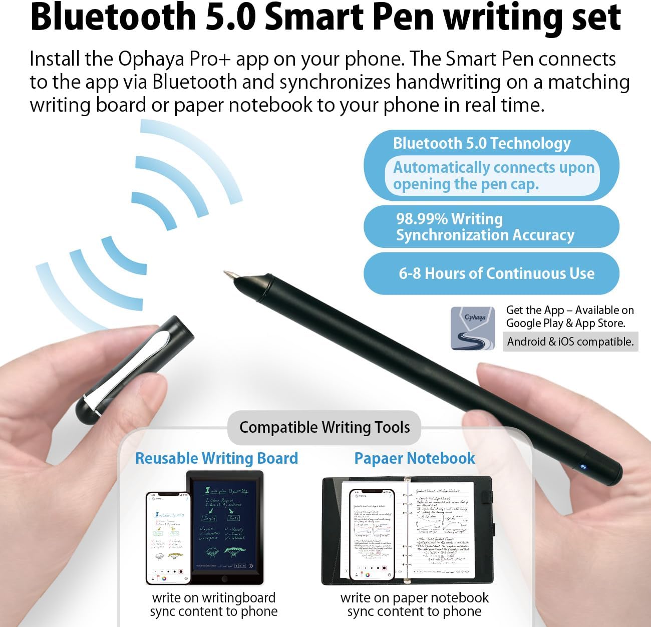 Smart pen with Bluetooth 5.0 technology for writing synchronization on a phone app.