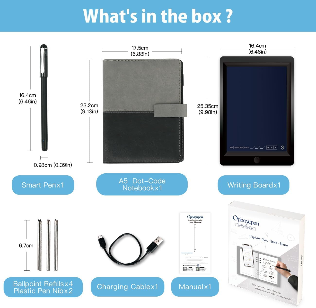 Ophaya smart pen writing tablet set with package contents and product dimensions