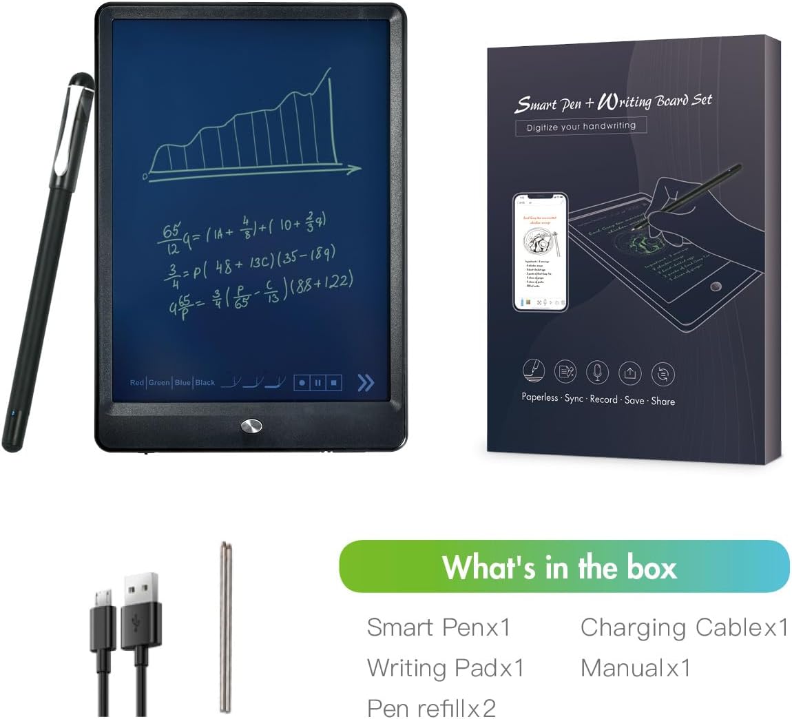Ophaya smart pen and writing tablet set with box contents charging cable and refill tips