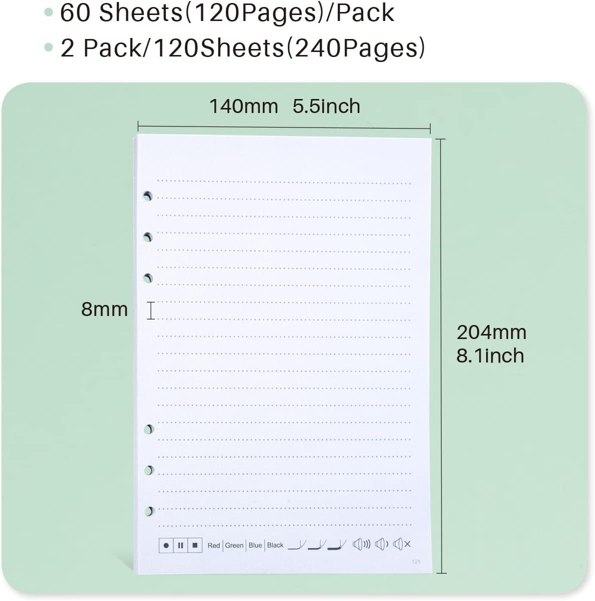 【2 Pack】 A5 dot Refill Paper Compatible with Ophaya Smart Pen, total 120Sheets/240Pages, 6-Hole Punched, 100gsm, 5.5× 8 Inches(pages121-360)