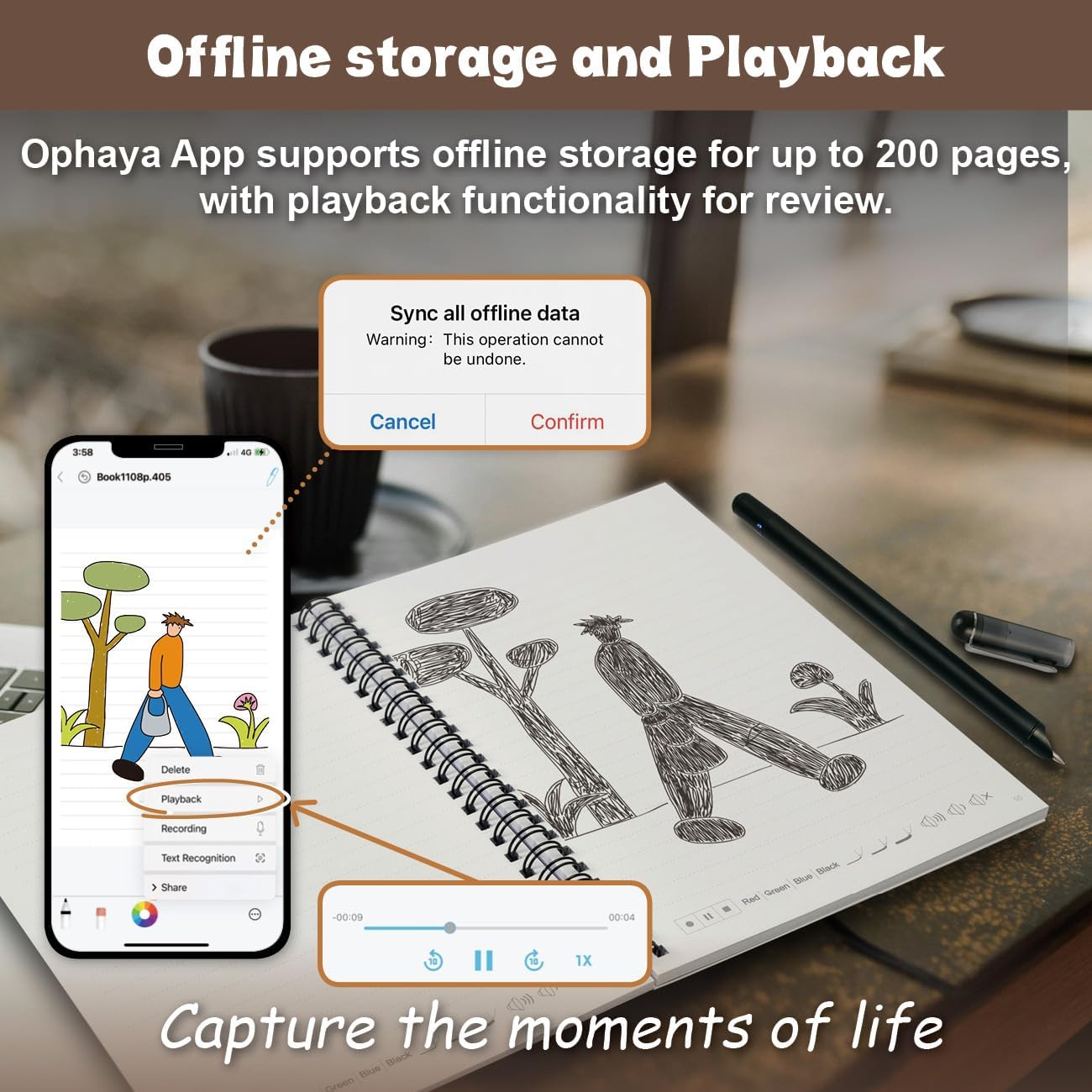 Ophaya App interface with smartphone and notebook on a desk, highlighting offline storage and playback features.