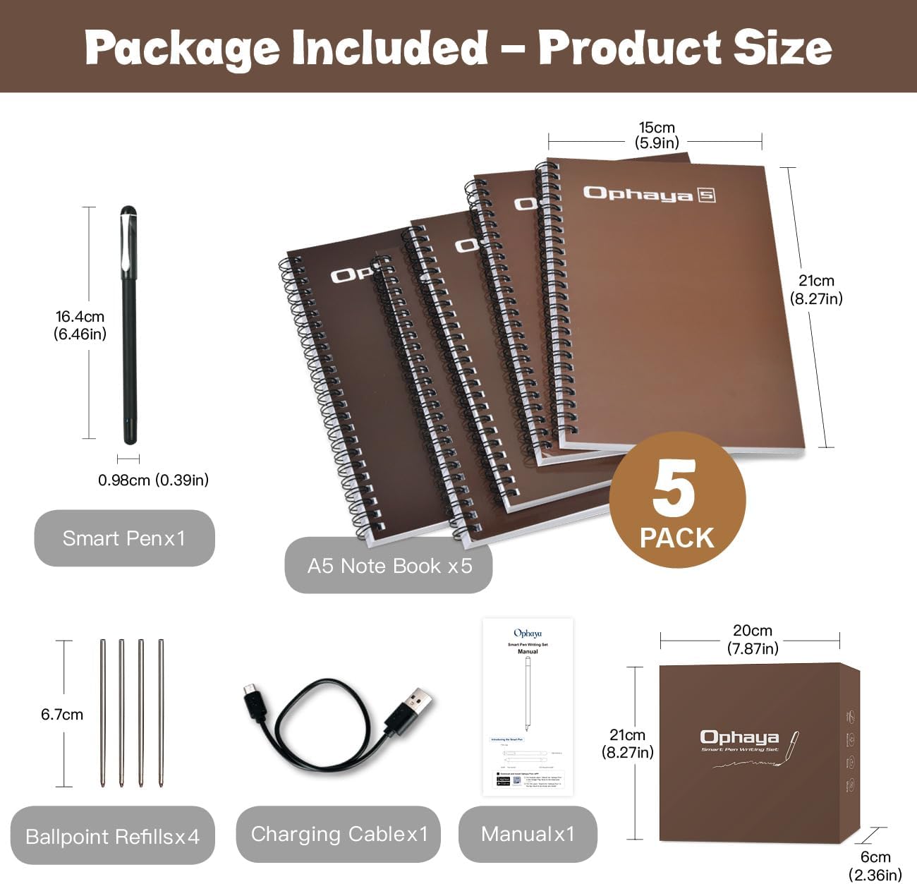 Product size chart for Ophaya stationery items including notebooks, pen, ballpoint refills, charging cable, and manual.