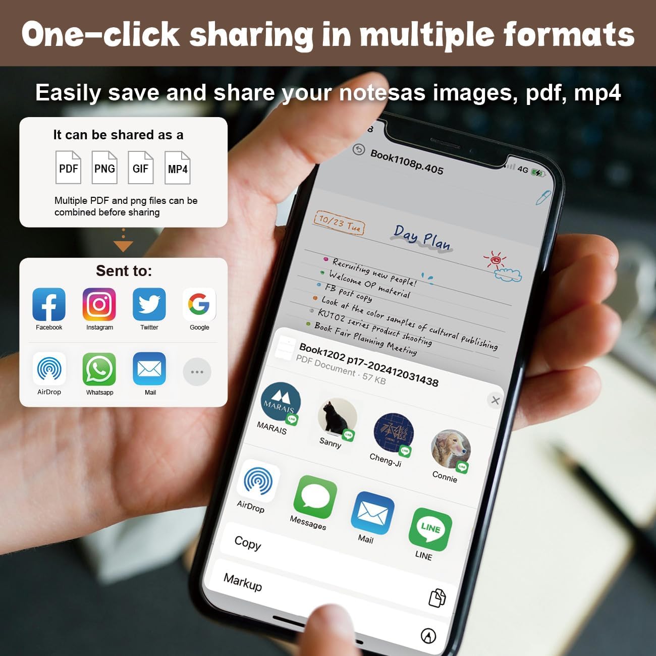 Hand holding a smartphone displaying an app with sharing options for notes, images, PDFs, and MP4s.