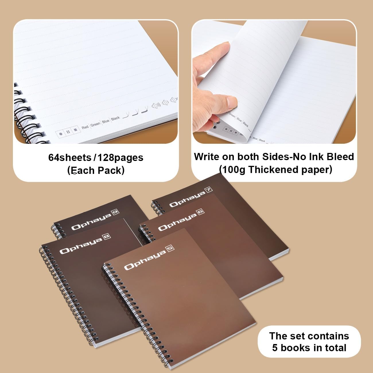 Set of Ophaya notebooks with text highlighting features on a beige background