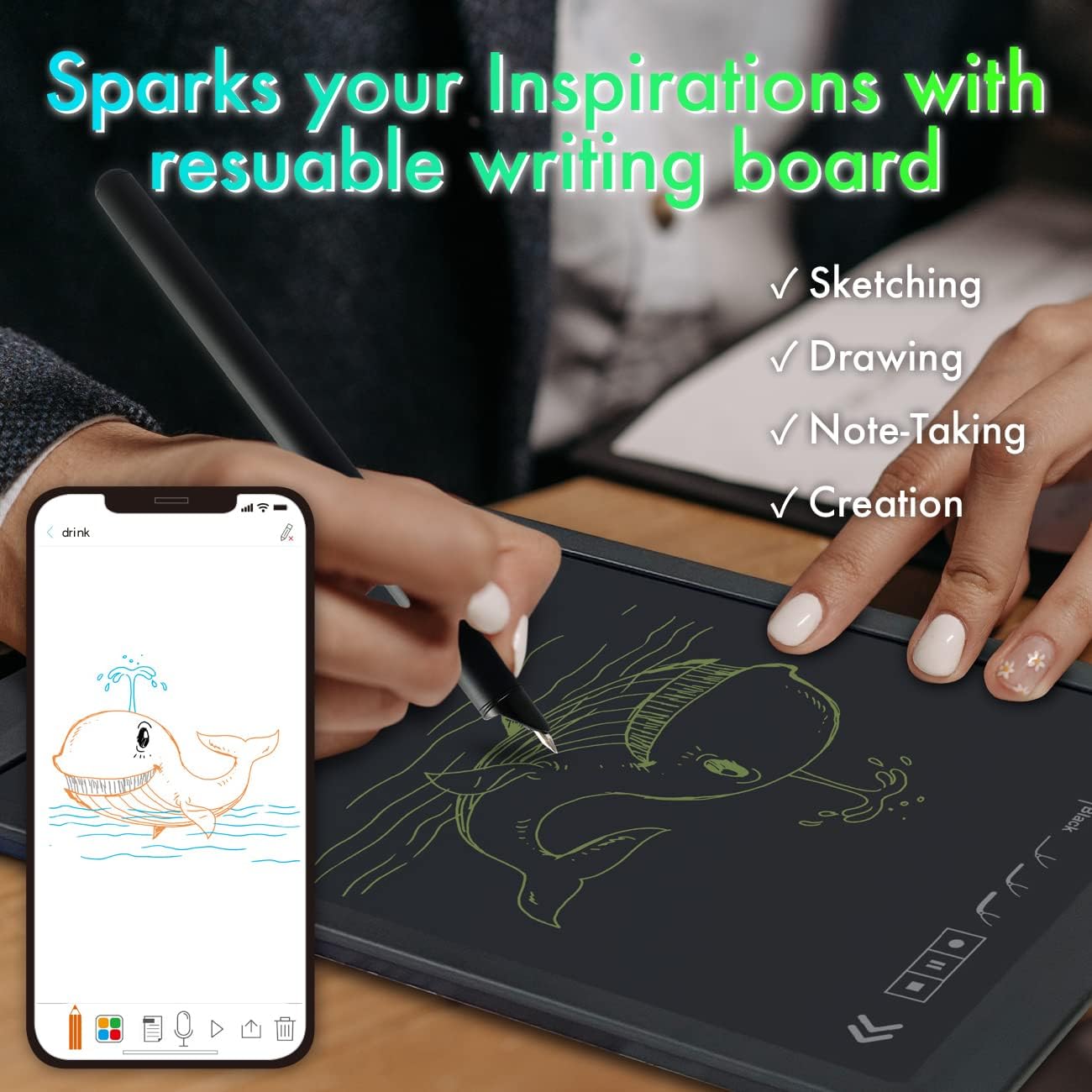 10" LCD Writing Tablet Compatible with Ophaya Smart Pen, eliminating paper waste, fostering limitless creativity, and offering unlimited usage